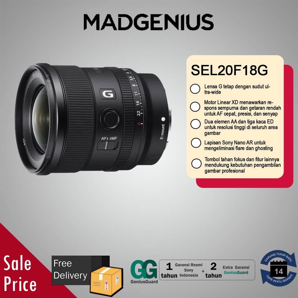 SONY FE 20mm F1.8 G / Lensa Sony G Fix 20mm ultra-wide / Lensa Kamera SEL20F18G, Garansi RESMI