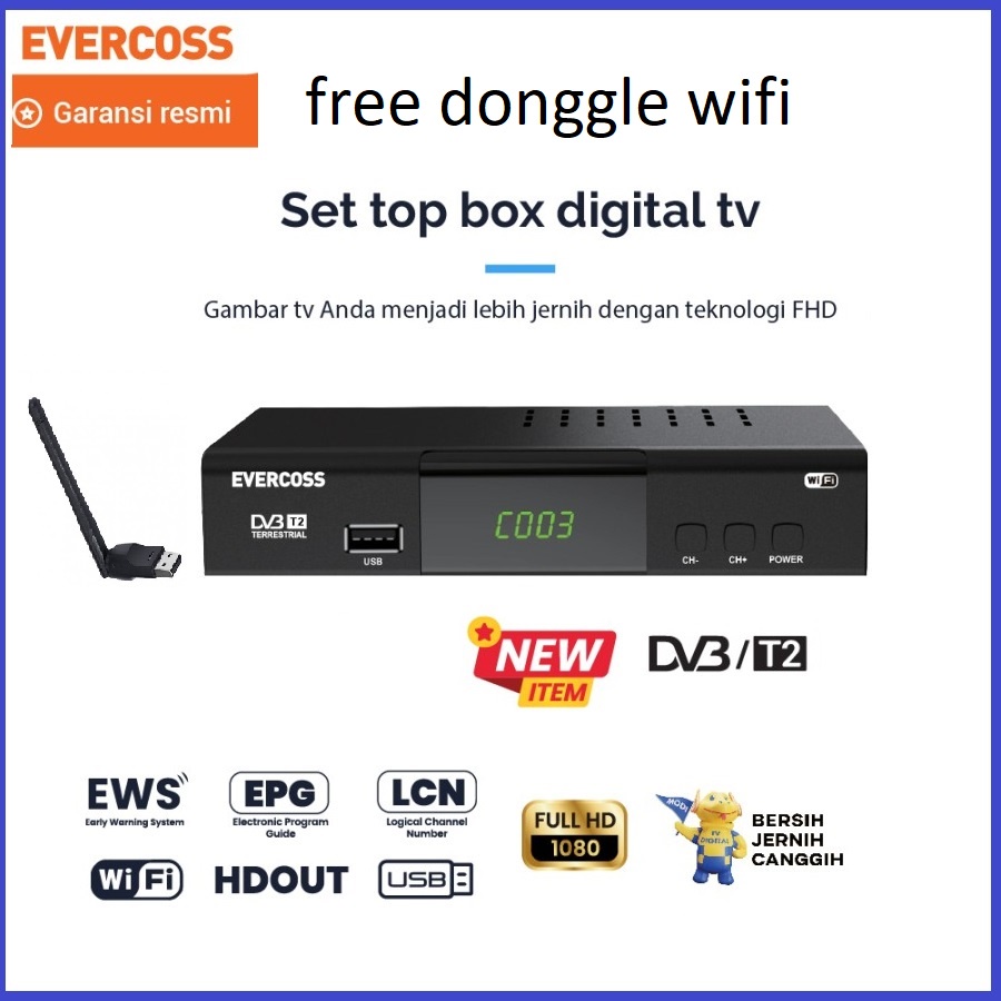 Evercoss Set Top Box Pro digital TV receiver Full HD free donggle wifi