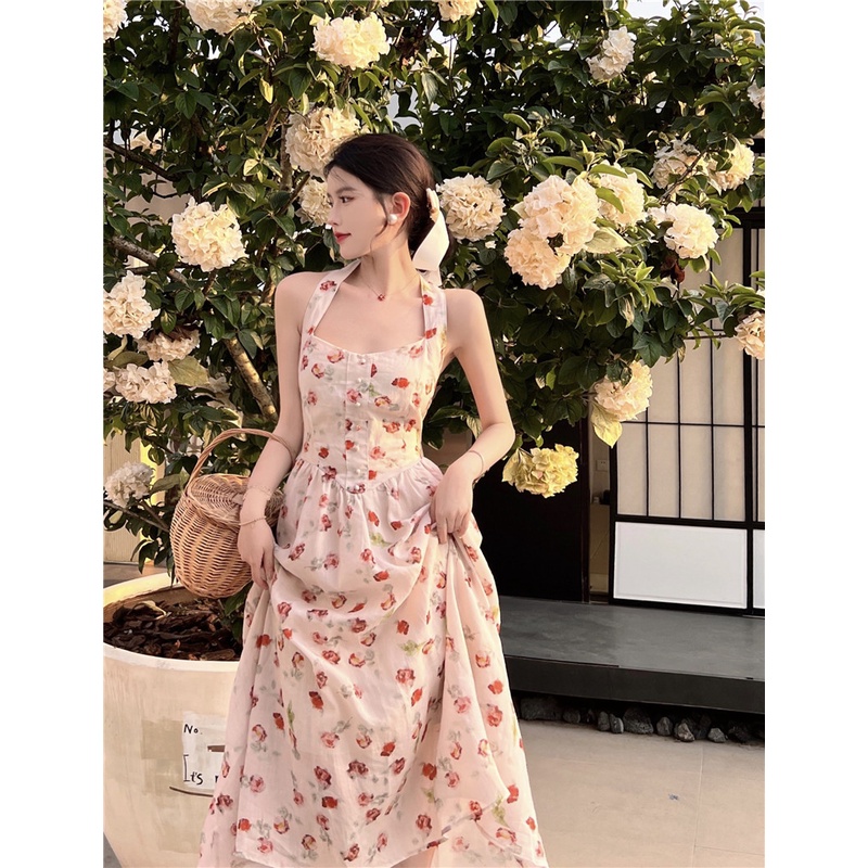 Suhao French retro floral suspender dress peri musim panas pengurangan usia tanpa lengan backless se