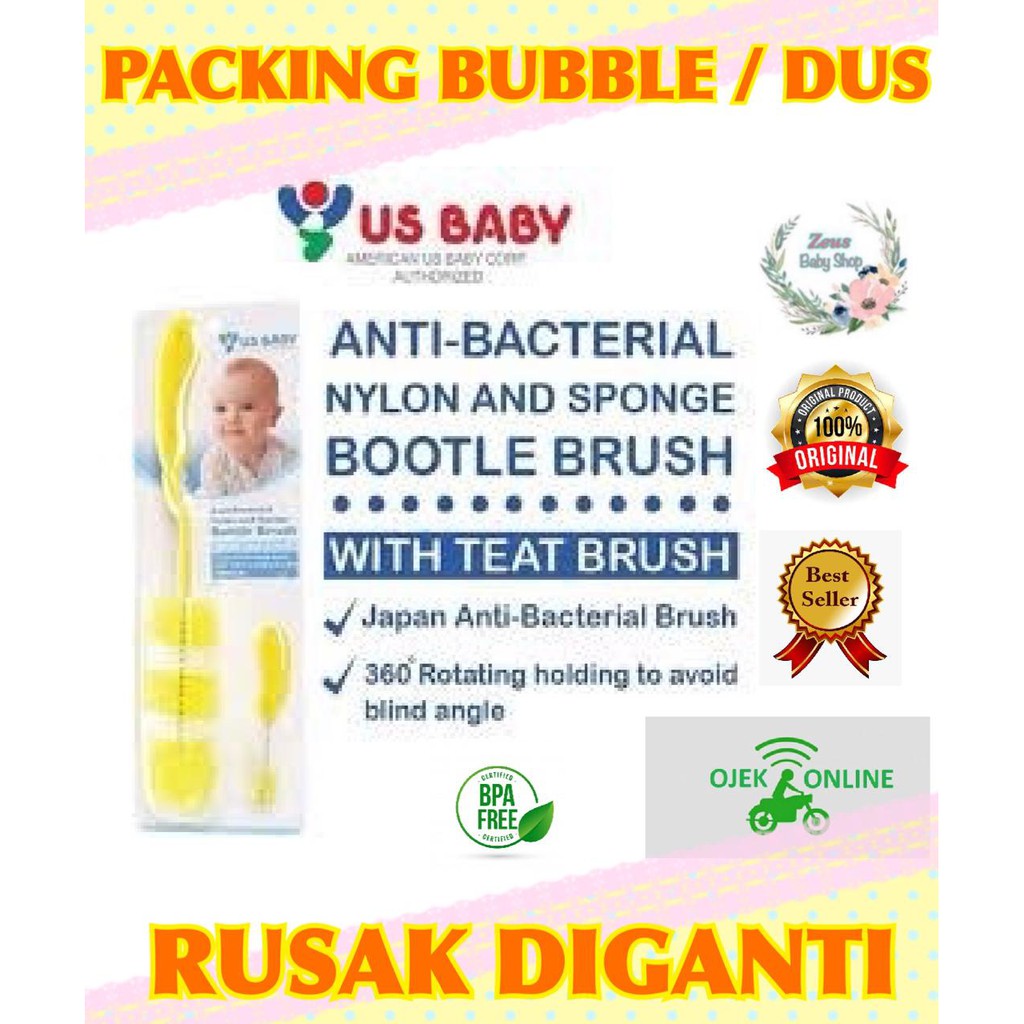 US BABY Sponge Bottle Brush With Teat Brush / Sikat Botol