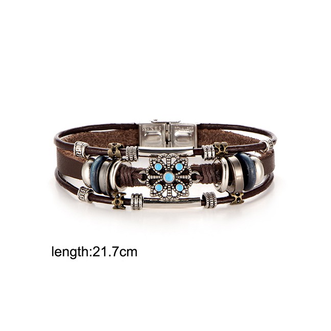 LRC Gelang Tangan Fashion Silver Faux Leather Bracelet Floral Inlay Turquoise Bracelet D09734