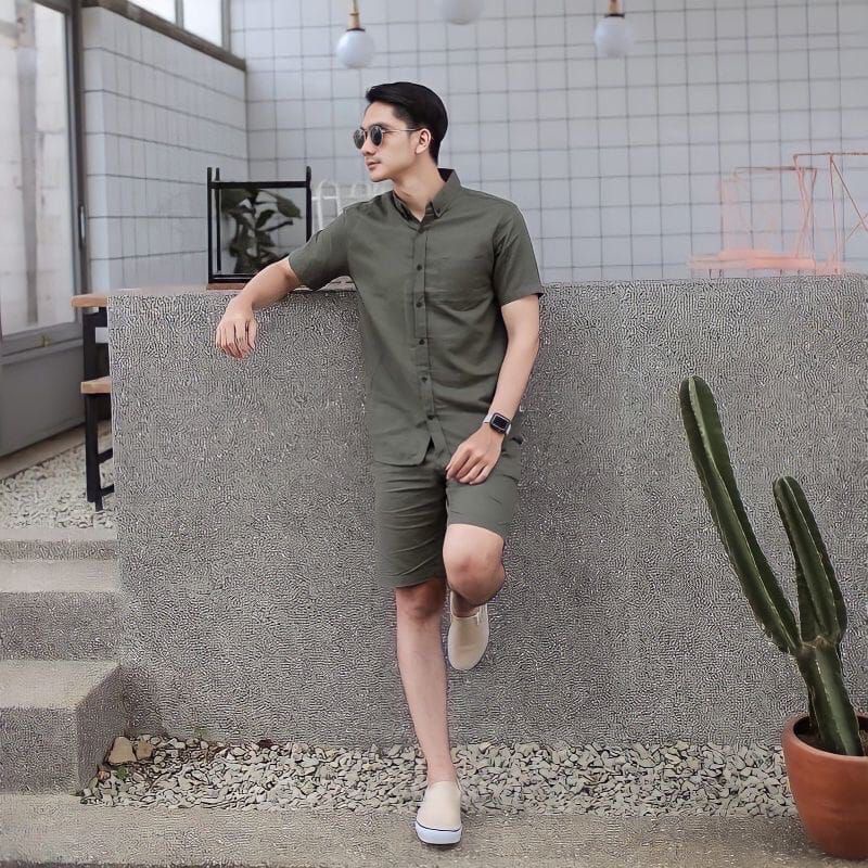 Kemeja Lengan Pendek Hem Pria Hijau Army Hijau Botol Olive Hitam Marun Navy Blue Biru