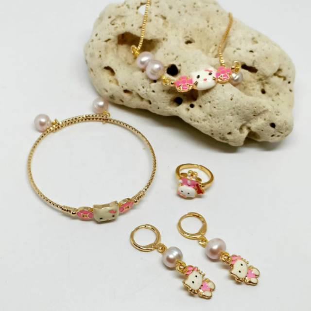 Gelang anting cincin kalung set perhiasan hellokitti anak rhodium mutiara tawar asli lombok murah