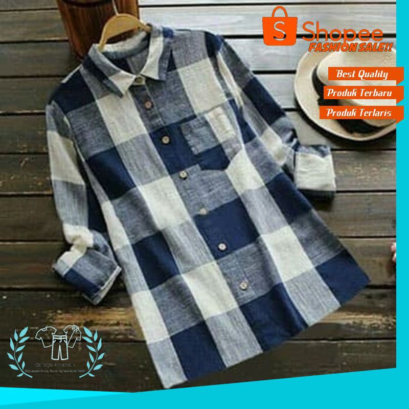 TUNIK WANITA REMAJA MUSLIMAH [Tunix catur blue RO]Tunik wanita katun kotak blue PENDEK DISKON
