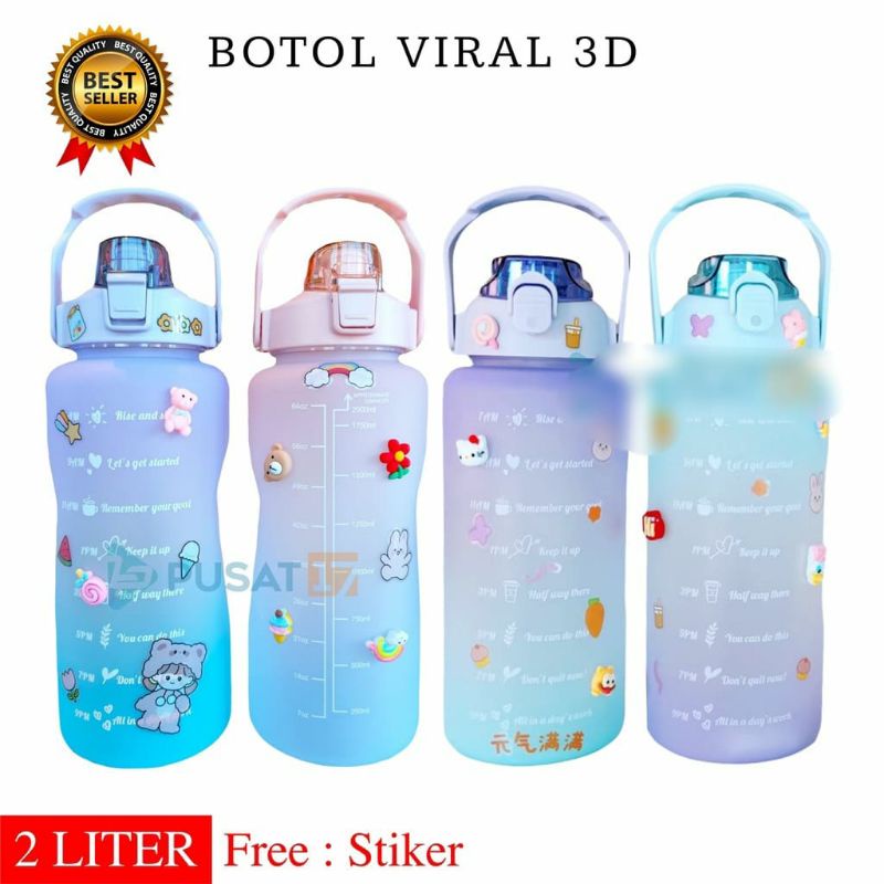 BOTOL MINUM MOTIVASI 2 LITER / BOTOL VIRAL 3D 2 LITER 2000ML / BOTOL PELANGI BOTOL KOREA VIRAL TUMBL