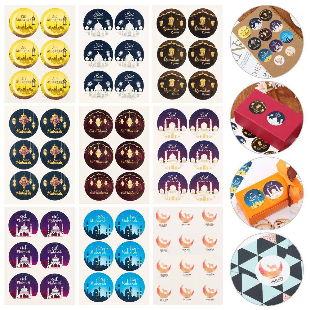 Top 60/120Pcs Eid Mubarak Stiker Festival DIY Hiasan Kue Cookie Candy Tag Biskuit Paket Dekorasi Muslim Islami