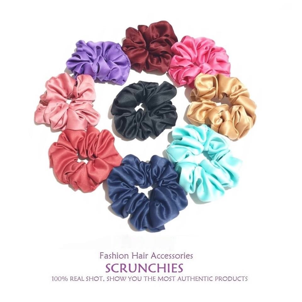 Scrunchie Velvet Silk Ikat Rambut Warna Doff Kunciran Cepol Matte Bahan Satin Velvet