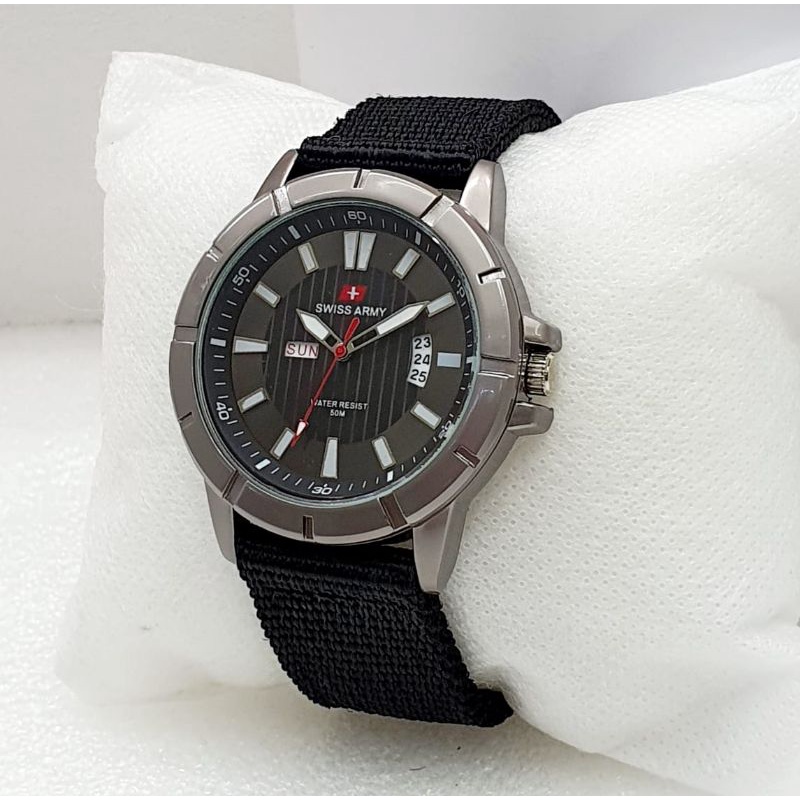 Jam Tangan Pria Swis 7446| Tanggal Hari Strap Kanvas Tahan Air