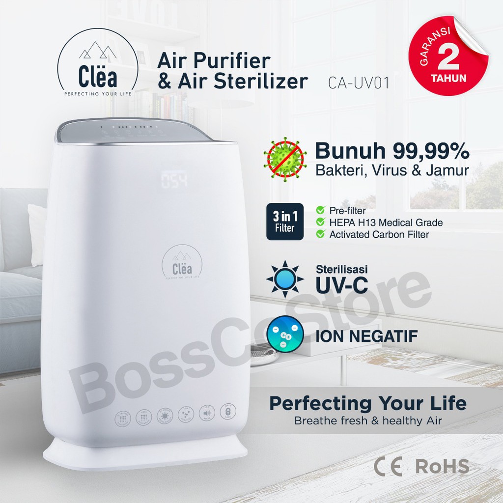 CLEA Air Purifier Air Sterilizer 3 in 1 HEPA Filter + UV Sterilizer + Ion negatif (UVC HEPA 13)