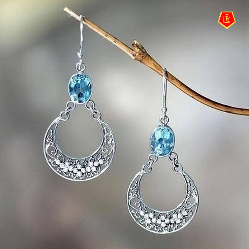 [Ready Stock]S925 Silver Vintage Inlaid Sea Blue Topaz Hollow Stud Earrings