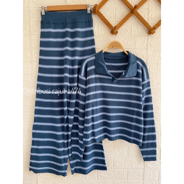 ONESET SETELAN SWEATER RAJUT BAYONETA STRIP KULOT KNITS WANITA