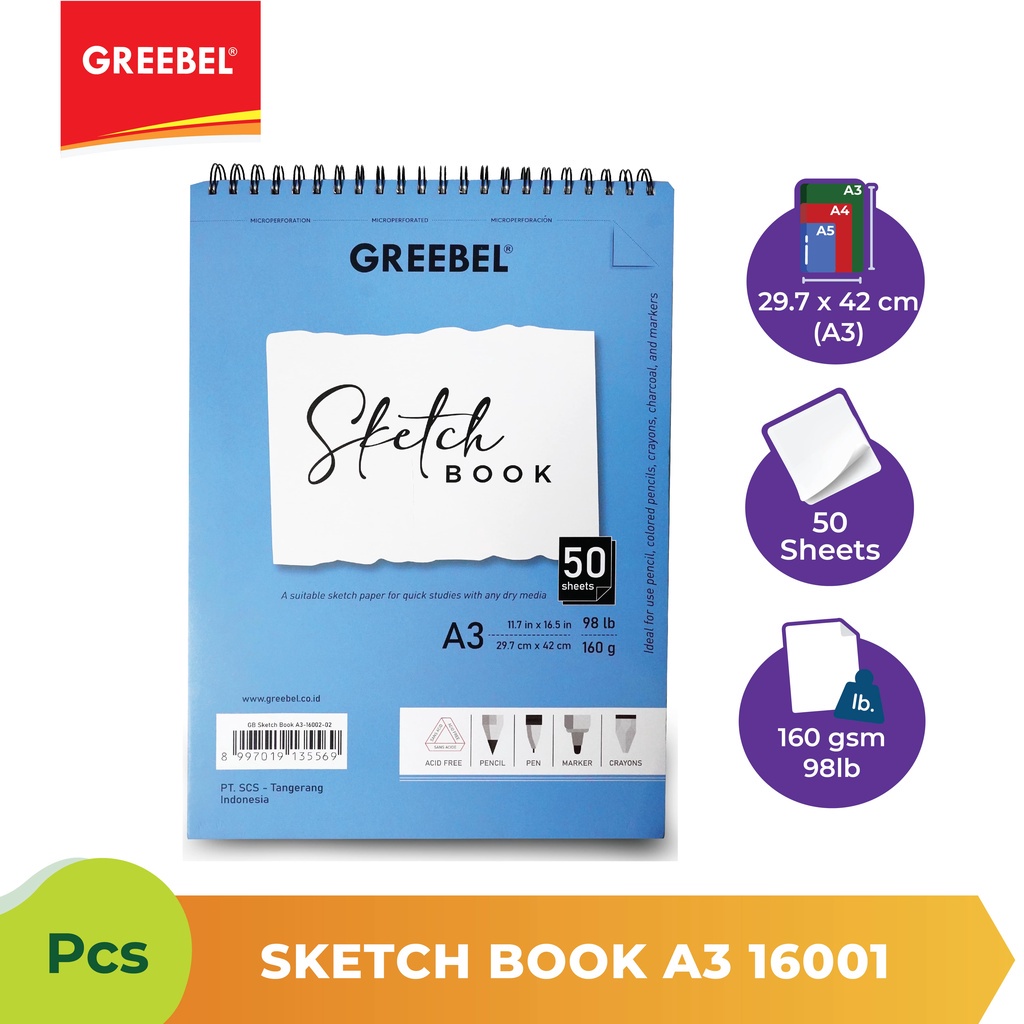 Sketchbook/ Buku Gambar A3 160Gsm 98LB 50 Sheets 16002-02 Greebel