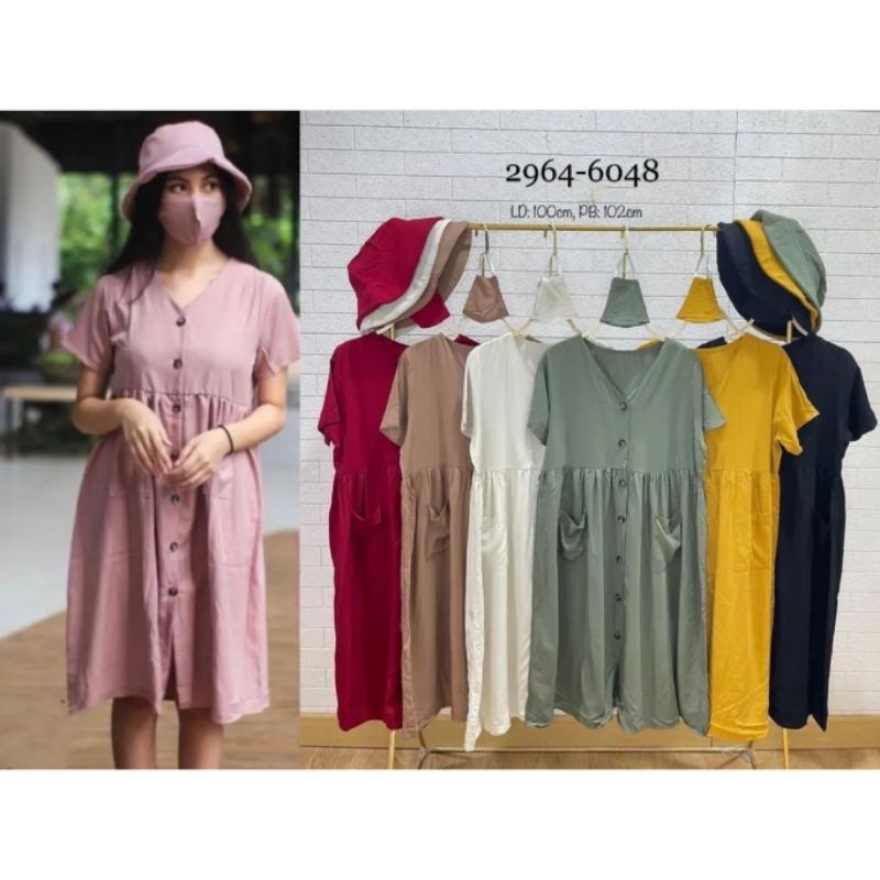 Dress Midi Ruffle Wanita Busui Friendly Katun Lengan Pendek Free Masker Topi