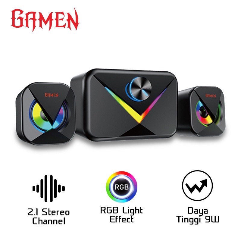 GAMEN Multimedia Speaker Gaming GS10 2.1CH Subwoofer with RGB Lights For Handphone / Computer / PC / Laptop / Super Bass Original - Garansi 1 Tahun