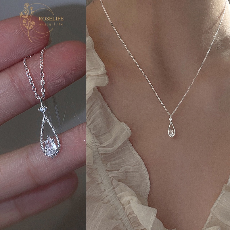 Roselife Kalung Rantai Dengan Liontin Kristal Zircon Bentuk Tetesan Air Untuk Wanita