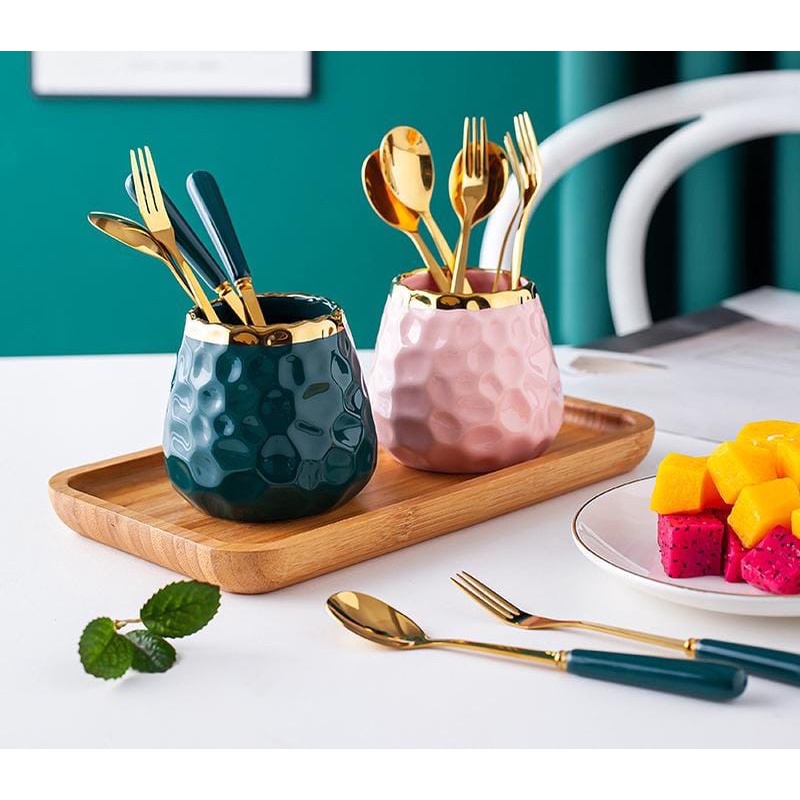 Jar Mug Keramik Tempat Sendok Teh Garpu Kue Set