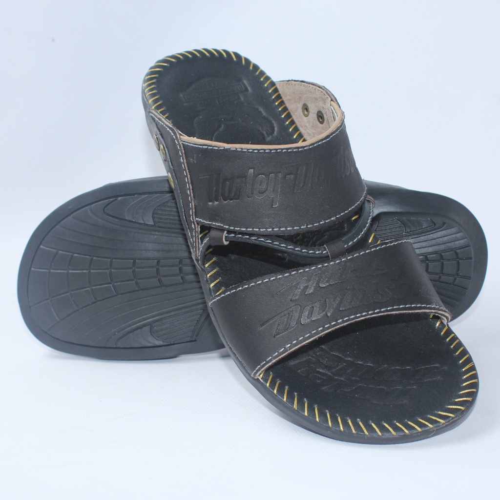 Sandal Kulit Asli Harley Davidson Full Up Sendal Kulit Asli Pria Sandal Slop Casual / Sendal Jepit Cowok Slide Herley Kulit Gosok - SH03-Hitam