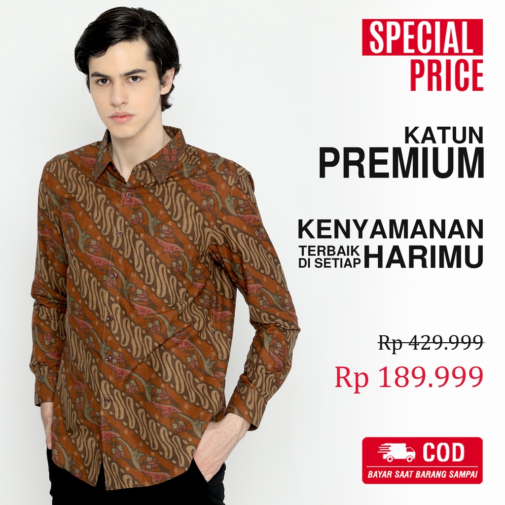 BATIK PRIA LENGAN PANJANG Kemeja Premium Parang Warna Orange Coklat 729532 Cap 72 - Baju Kemeja Atasan Pakaian Setelan Batik Pria Cowok Laki Laki Remaja Keluarga Kantor Lengan Panjang Modern Slimfit Slim Fit Premium Kekinian