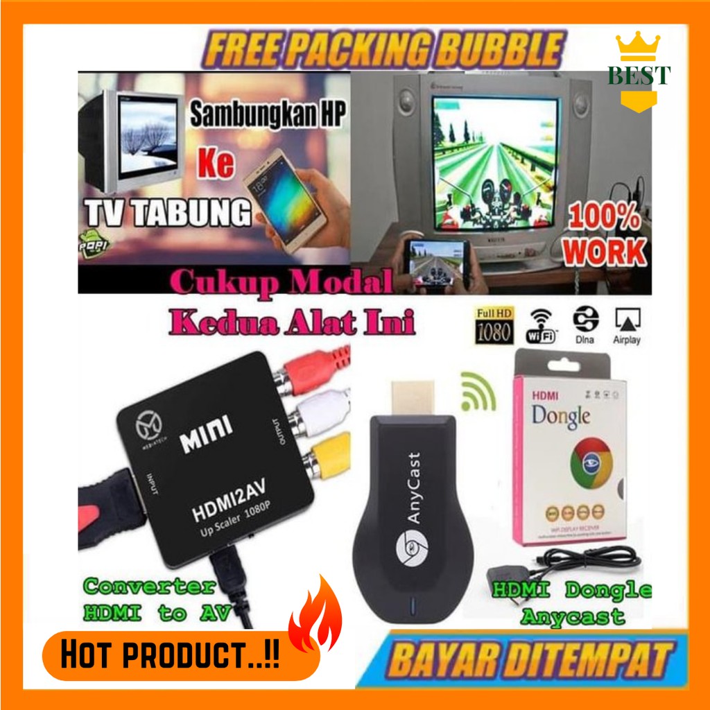 Paket 3 in 1 FREE Kabel RCA + HDMI Anycast Dongle + HDMI to AV Alat Konverter dari HP ke TV Tabung