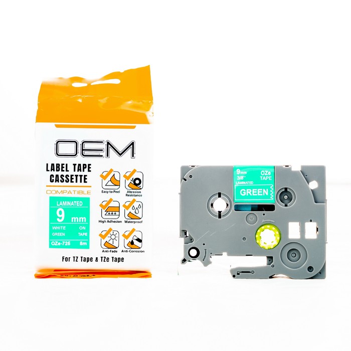 OZe-725 OEM LABEL TAPE BROTHER 9mm White On Green