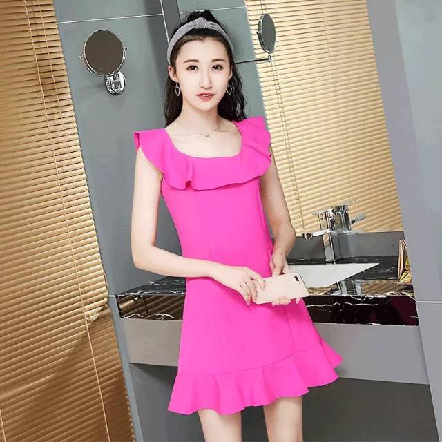 B003 dress korea dress pink  Korean Bodycon Sexy Mini Dress Square Neck Dress Wanita Lengan Pendek