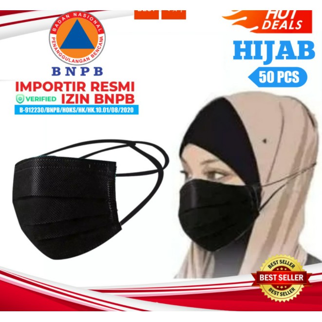 Masker Hijab 3 ply Headloop Premium All Black/ 3 ply masker Hijab Black/ MASKER HIJAB HITAM SURGICAL