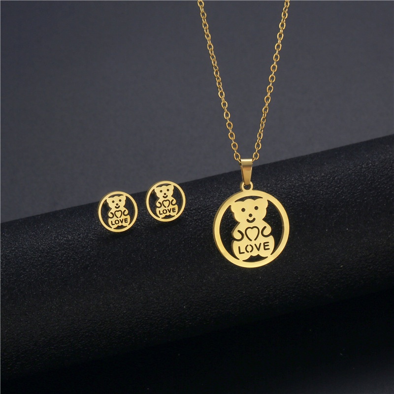 Enxi Jewelry Set Kalung Antting Titanium Anti Karat Wanita Liontin beruang Perhiasan Aksesoris 1228S04