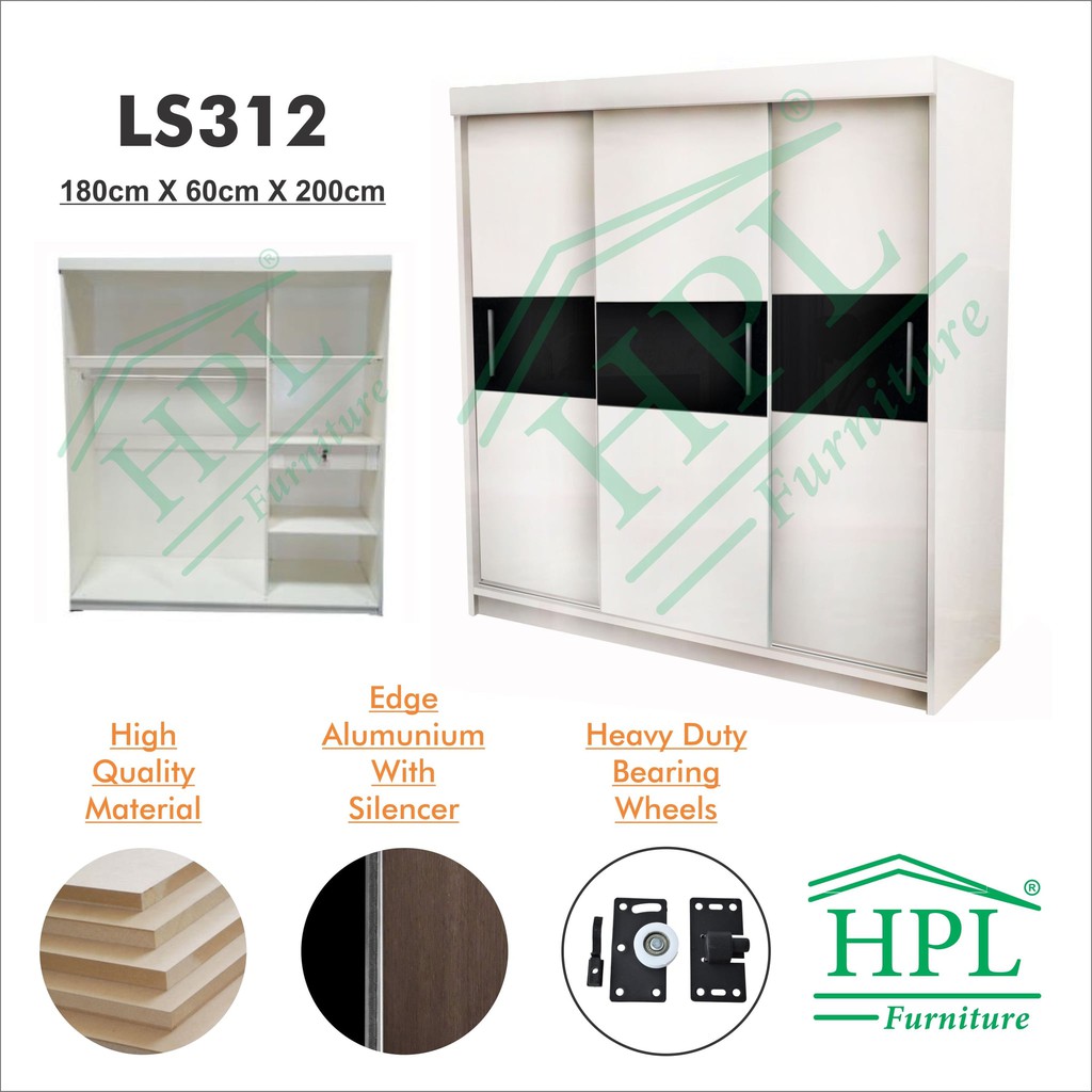 Lemari Pakaian Sliding Door 3 Pintu HPL - White Glossy strip - Merah
