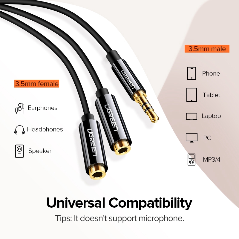 【Stok Produk di Indonesia】Ugreen Kabel Extension Splitter Audio Earphone 3.5mm 1 Male Ke 2 Female Warna Hitam