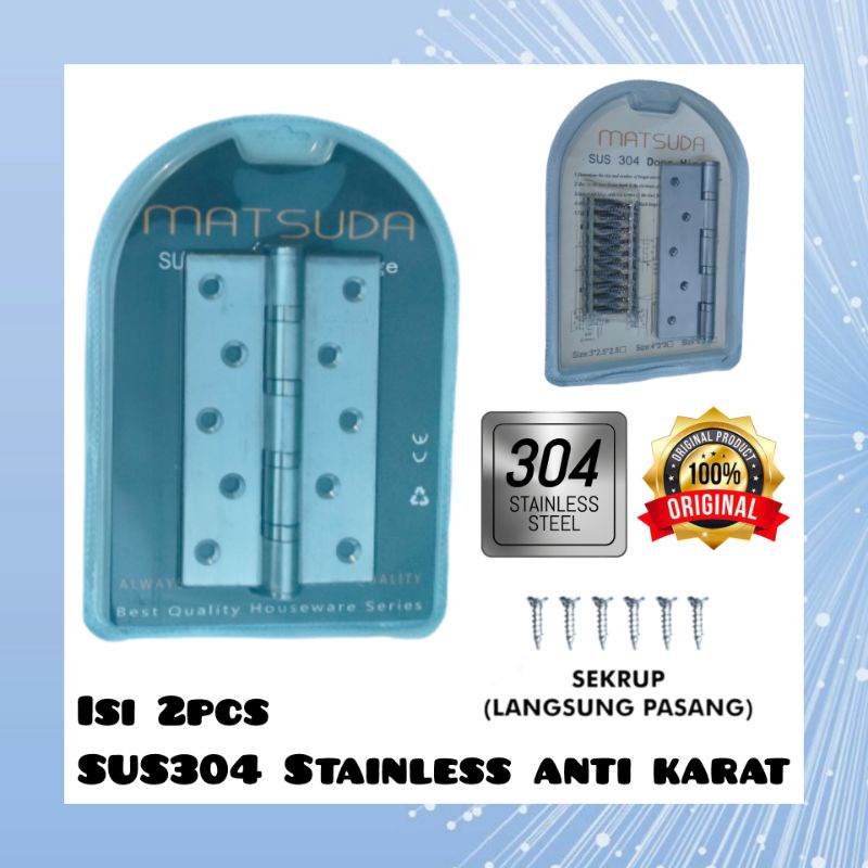 SET ENGSEL 5 INCH UNTUK PINTU / LEMARI / JENDELA ANTI KARAT DAN ASLI STAINLESS ENGSEL SUS 304 MATSUDA ANTI KARAT ENGSEL BAGUS ENGSEL TEBAL ENGSEL ORI ENGSEL MURAH ENGSEL KAMAR LACI ENGSEL ANTI KARAT ENGSEL PINTU BESI JENDELA KAMAR TUKANG BAGUS STAINLESS