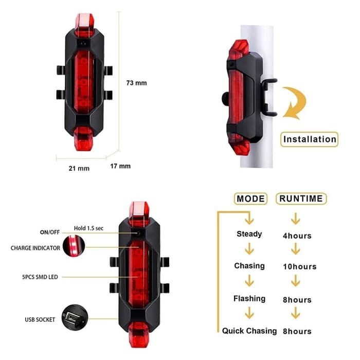 Lampu Belakang Aksesoris Sepeda LED USB Tail Light Speda Waterproof 5 LED SP32