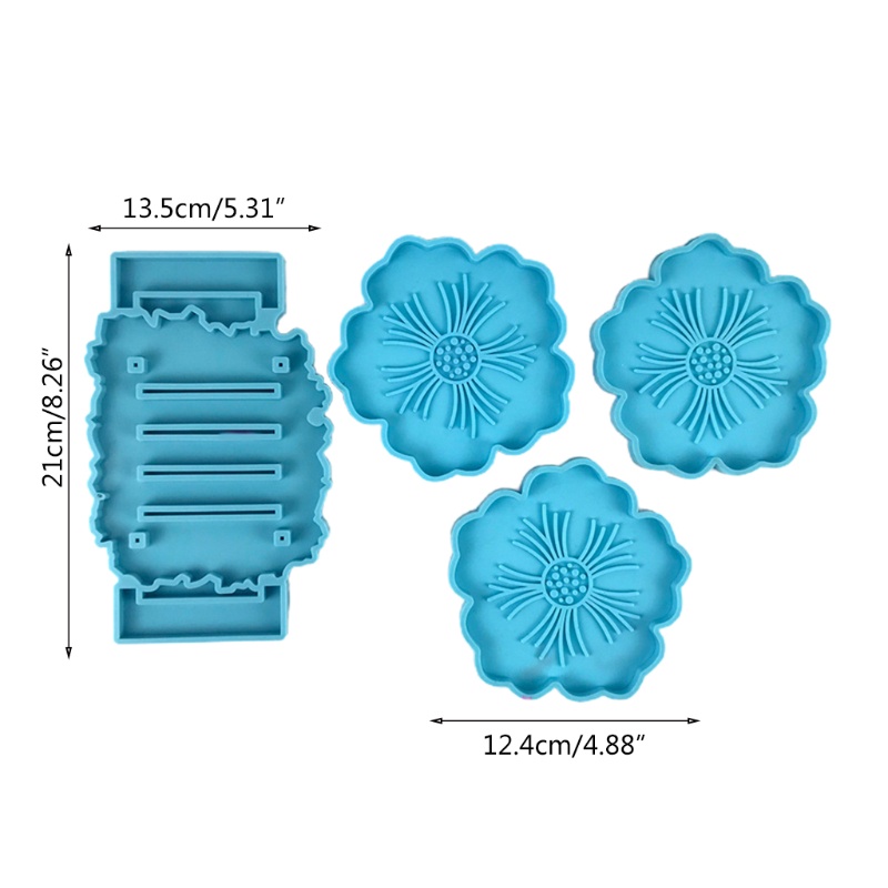 SIY  1 Set Cup Mat Pad Silicone Mould DIY Crafts Casting Tool Flower Shape Coaster with Storage Rack Epoxy Resin Mold