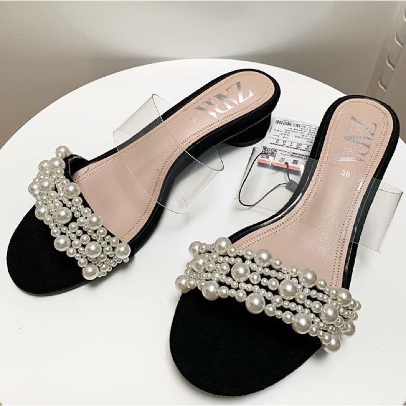 SEPATU | SHOES | WANITA | ZARA ZS37 VYNIL AND PEARL HEELED SANDAL ORI PREMIUM IMPORT
