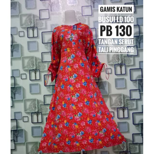 Gamis katun motif mawar merah