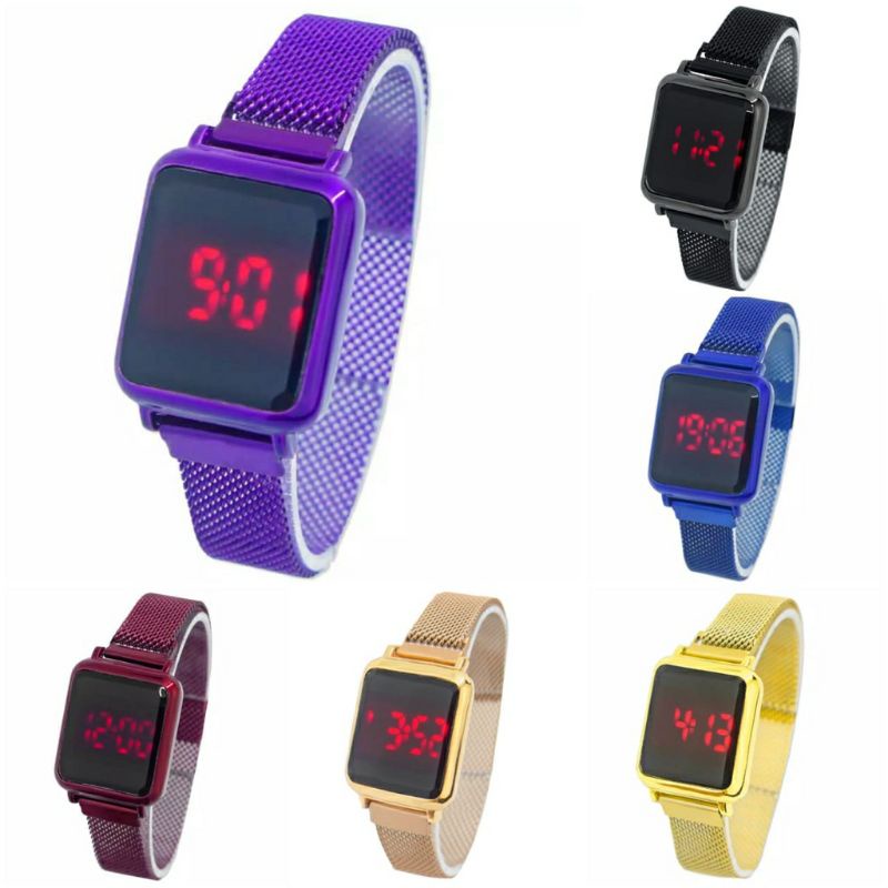 Jam Tangan Wanita Digital Touch Watch Kotak Small Size Strap Magnet