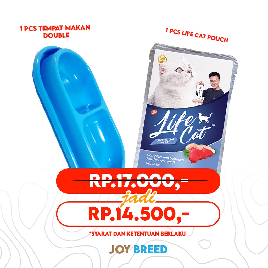 PAKET MAKANAN KUCING LIFE CAT POUCH 85GR DAN WADAH DOUBLE ANTI SEMUT