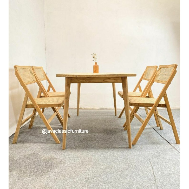 1 SET KURSI MEJA MAKAN CAFE MINIMALIS ROTAN VINTAGE BAHAN KAYU JATI FINISHING BLEACHING DINNING CHAIR-3