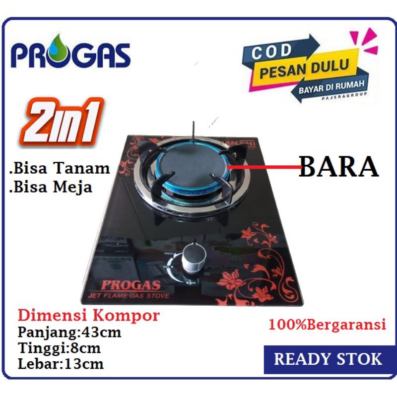 Progas kompor gas  1 &amp;  2 tungku infra red , Mix Bara, tanam kaca anti pecah