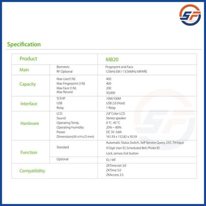 Fingerprint & Absensi Wajah ZKTeco MB20 Mesin Absensi Face Detection