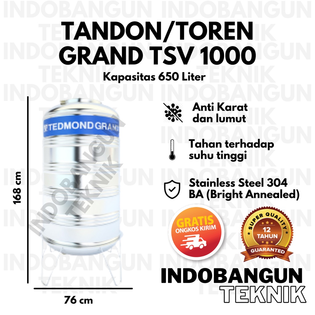 Tandon Toren Tangki Air Stainless TSV 1000 (650 600 Liter) Tedmond Grand Anti Lumut Garansi 12 Tahun