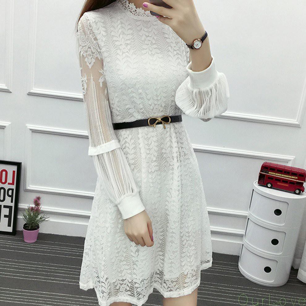 [ourlove] Dress Model A-Line Round Neck Lengan Lentera Bahan Lace Hollow Gaya Korea untuk Wanita