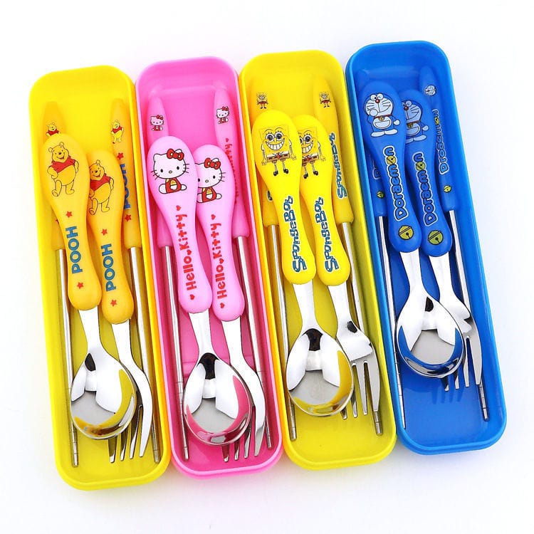 ~ PIYOSHI08 ~ Sendok Garpu Sumpit Set 3 in 1 Alat Makan Anak Stainless Steel Motif Karakter Lucu PD128