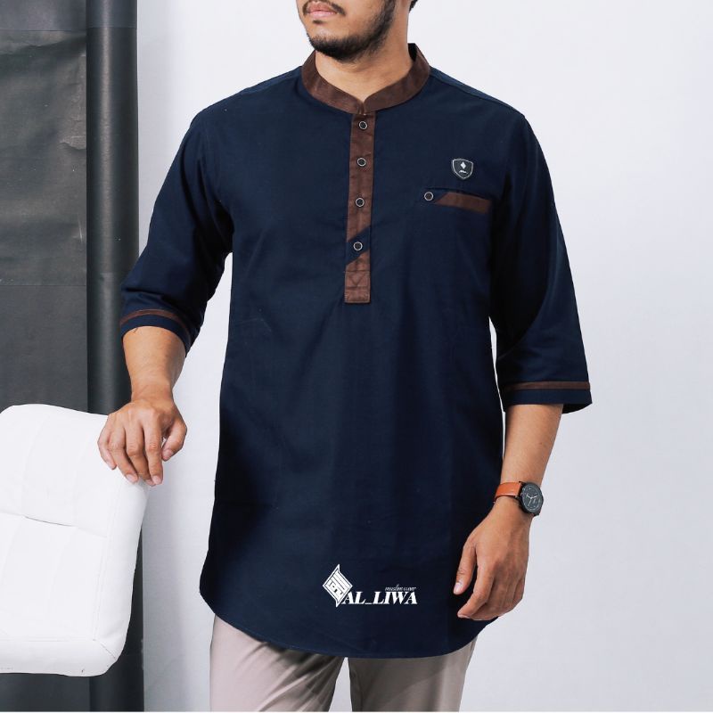 koko kurta pria lengan 3/4 berkualitas aldarta original Al_liwa warna navy ukuran M L XL