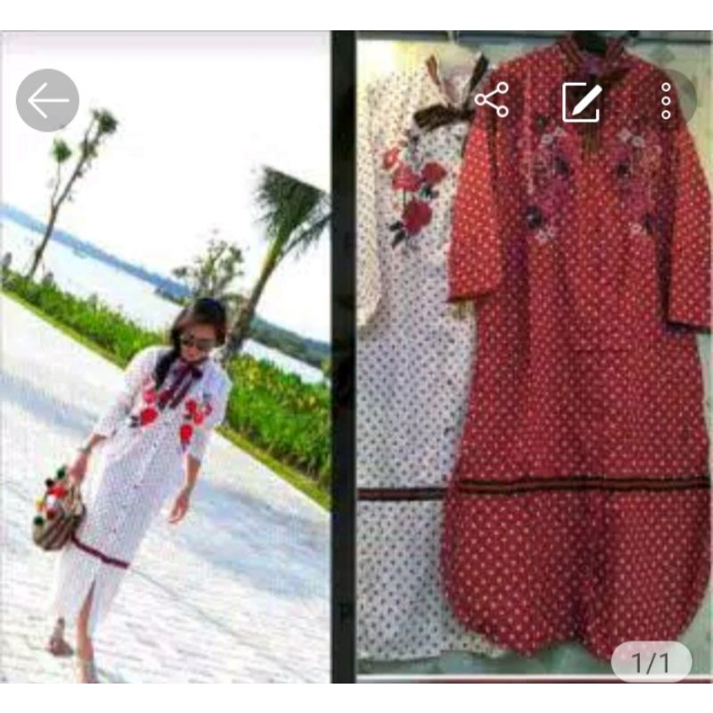 Long,tunik,midi,dress,katun,import, busui, kancing, bordir