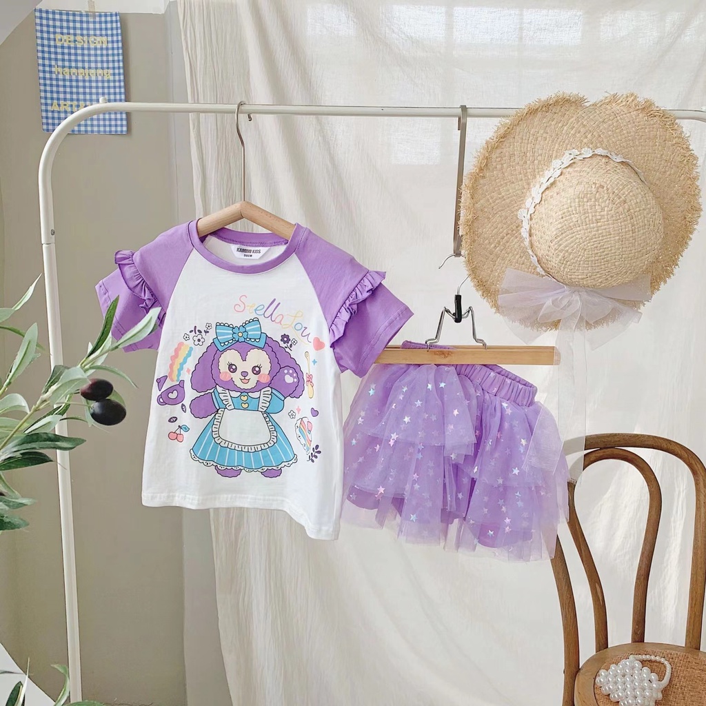 Setelan Anak Perempuan Kaos Stell Lou dan Rok Tutu Mesh Lucu Impor (Gratis Bando)