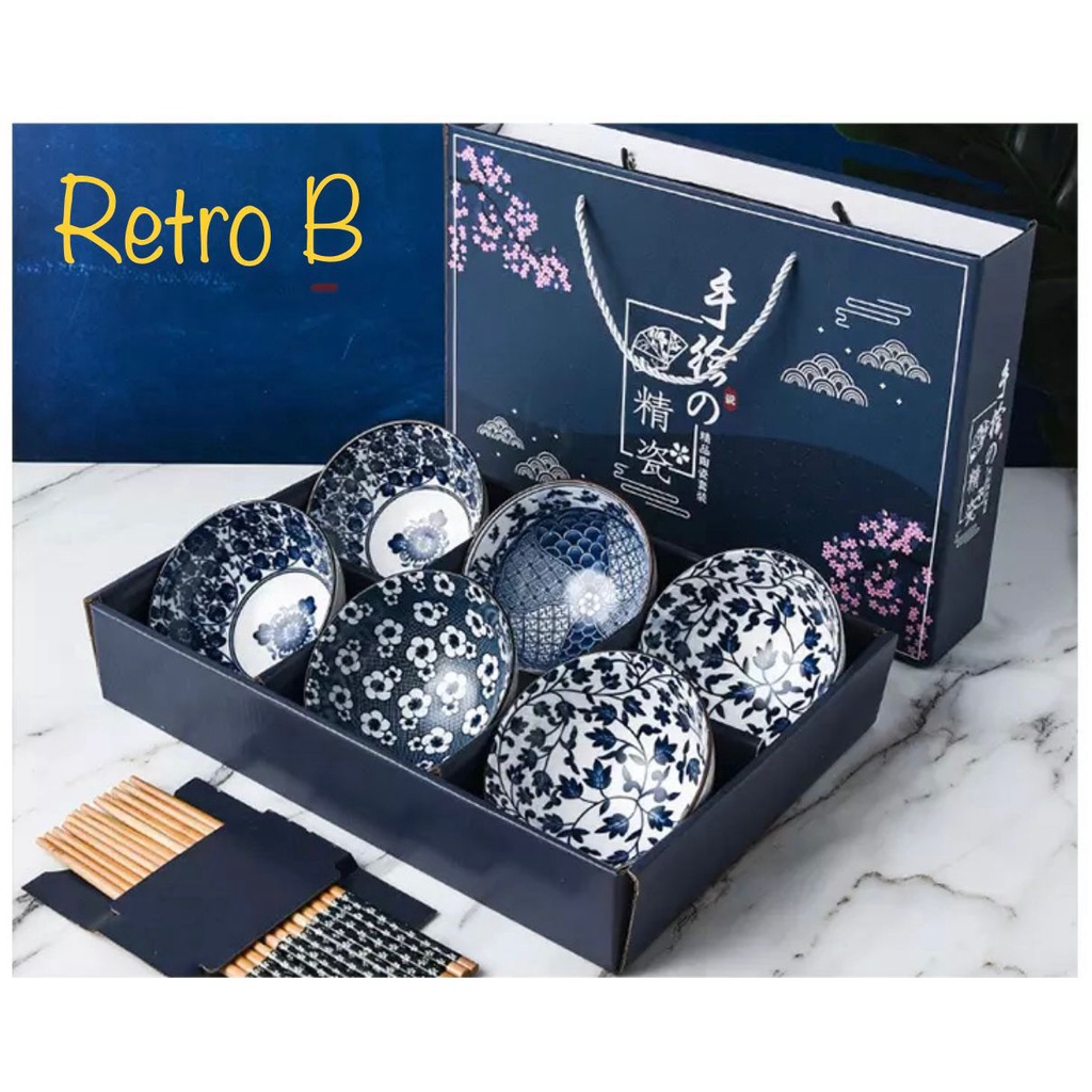 japanese retro style ceramic bowl gift box set free chopstick / hampers alat makan mangkok keramik set sumpit