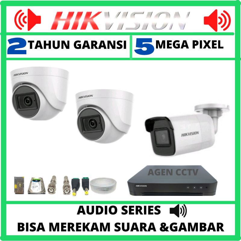 PAKET CCTV HIKVISION 4 CHANNEL 3 KAMERA 5MP AUDIO SERIES BISA MEREKAM GAMBAR DAN SUARA KOMPLIT