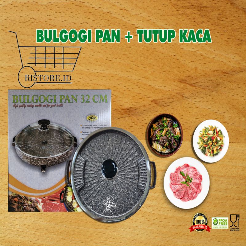 Bulgogi Pan 32cm Marble Grill BBQ Alat Panggangan + Tutup Kaca / Panggangan Serbaguna Anti Lengket Marble