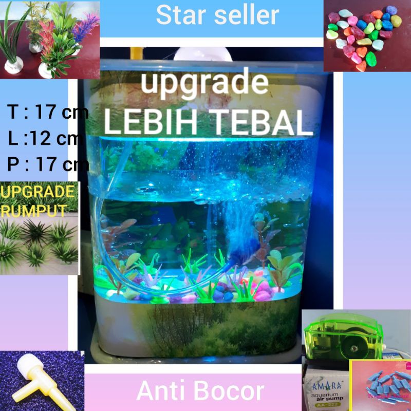 Aquarium Mini Ikan Hias dan Cupang & Lampu tidur Mesin Aerator (Bahan 2 lapis jadi tebal)