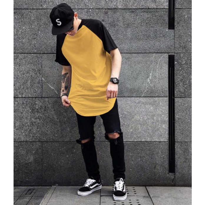 Kaos Pria Longline Raglan Kuning
